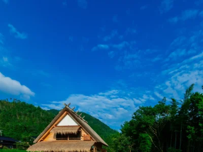 thatched roof modern villa surrounded by rice fields in Miyama Kyoto