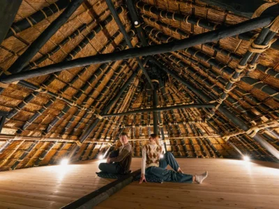 Attic space with exposed wooden beams in Obatake farmhouse Miyama Kyoto