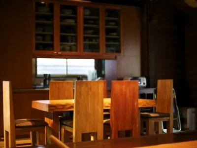 Dining room inside a traditional Japanese farmhouse in Miyama Kyoto