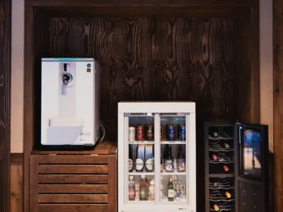 Drink station with alcohol and beverages in EISA Miyama Kyoto