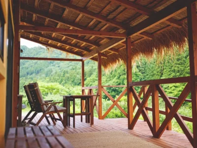 Outdoor terrace at EISA Villa in Miyama Kyoto countryside