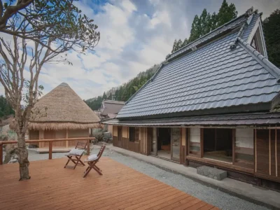 thatched roof villa exterior in Miyama Kyoto village landscape
