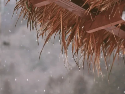 rain flowing from thatched roof eaves in Miyama Kyoto