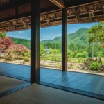 View from the engawa veranda of a thatched roof house in Miyama Kyoto