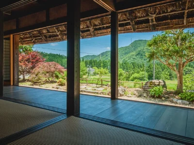 View from the engawa veranda of a thatched roof house in Miyama Kyoto