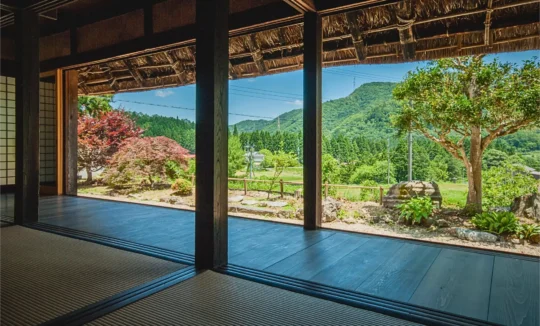 View from the engawa veranda of a thatched roof house in Miyama Kyoto