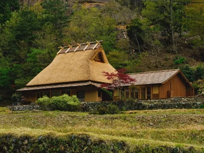 Exterior view of Obatake traditional thatched farmhouse in Miyama Kyoto