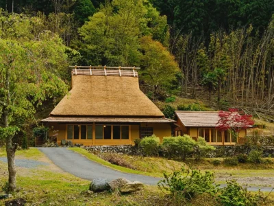 Obatake thatched house surrounded by rural landscape in Miyama Kyoto