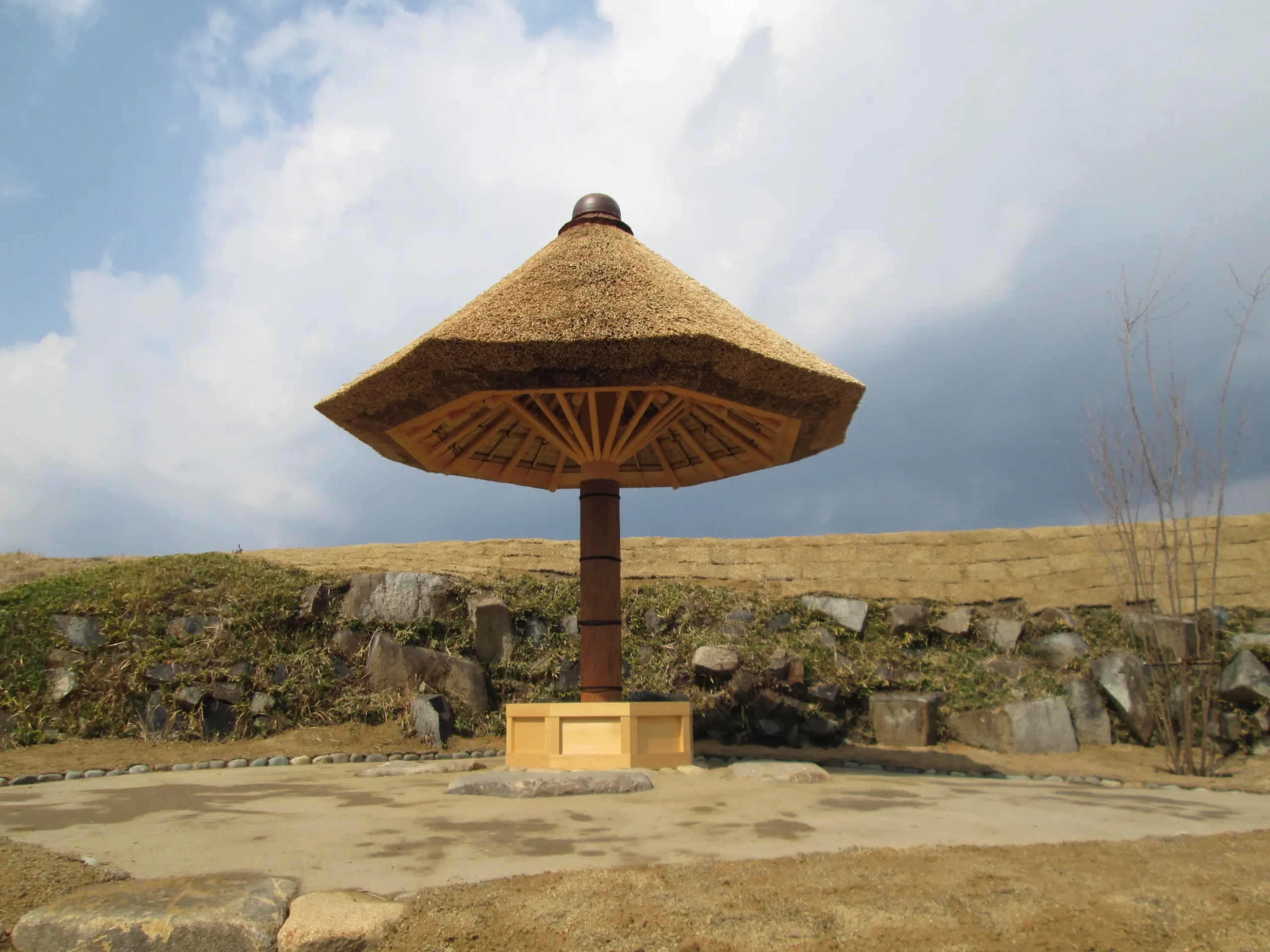Thatched roof rest pavilion at Ako Castle in Hyogo, Japan