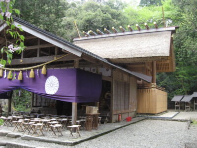 Thatched roof of the main hall at Motoise Naiku Kotai Shrine in Miyama, Kyoto
