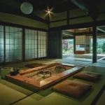 Sunken irori hearth in a Japanese thatched roof farmhouse in Miyama Kyoto