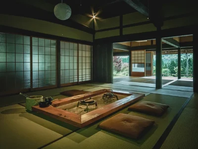 Sunken irori hearth in a Japanese thatched roof farmhouse in Miyama Kyoto