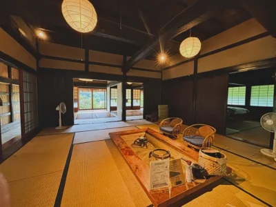 Traditional irori hearth in a thatched roof house in Miyama Kyoto