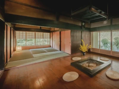 tatami room with irori fireplace in thatched house Miyama Kyoto
