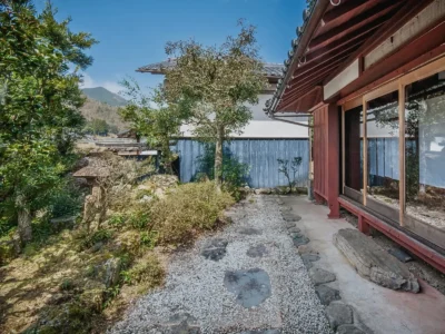 Japanese courtyard garden at Hotaruan thatched house Miyama Kyoto