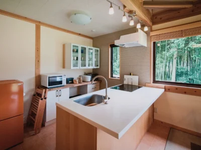 modern kitchen in thatched roof villa Miyama Kyoto