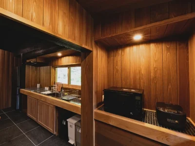 Kitchen in the main house of Obatake thatched farmhouse Miyama Kyoto