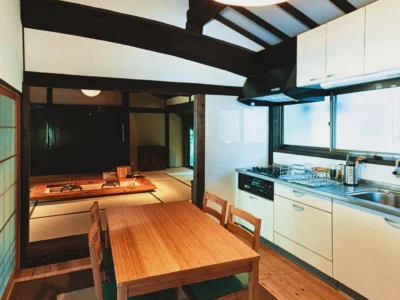 Kitchen of a traditional thatched roof house in Miyama Kyoto