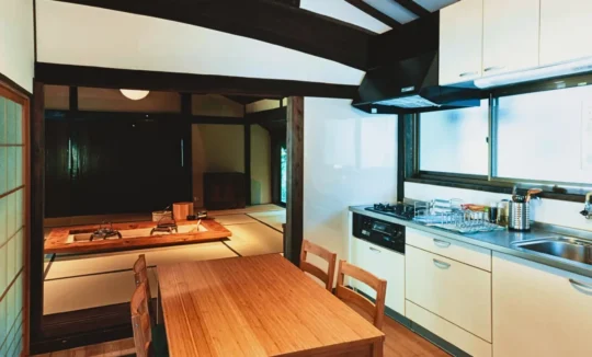 Kitchen of a traditional thatched roof house in Miyama Kyoto