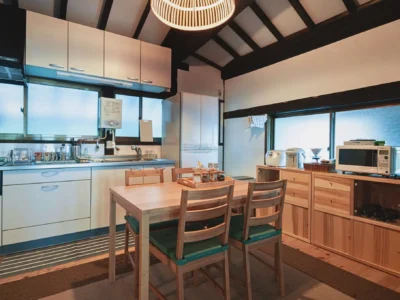 Traditional farmhouse kitchen in a thatched roof house in Miyama Kyoto