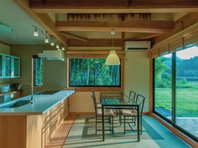 kitchen and dining space in modern thatched roof villa Miyama Kyoto