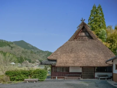 morning sunlight on thatched roof at Hotaruan Miyama Kyoto