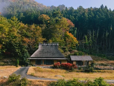 Obatake thatched house exterior in autumn Miyama Kyoto