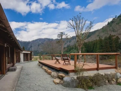 terrace overlooking river at EISA house Miyama Kyoto