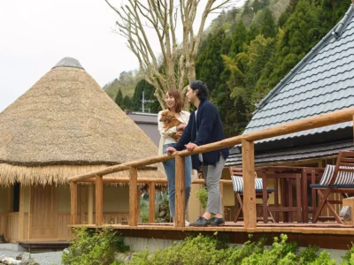 riverside terrace overlooking river in Miyama Kyoto