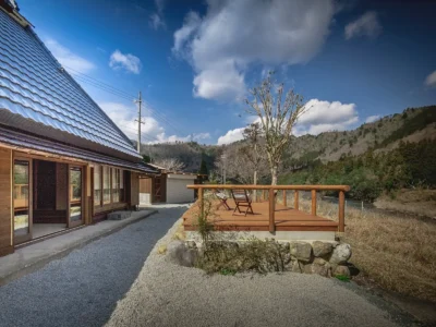 riverside terrace beside house in Miyama Kyoto