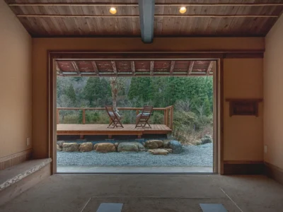 view of countryside from doma space in EISA Miyama Kyoto