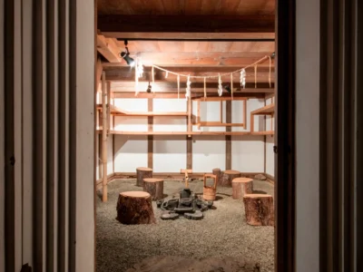 Japanese suikinkutsu water echo feature in a kura building in Miyama Kyoto