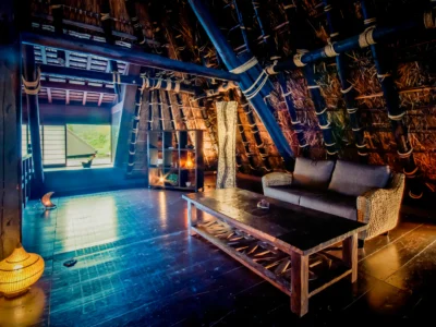 Roof attic inside a traditional Japanese thatched house in Miyama Kyoto