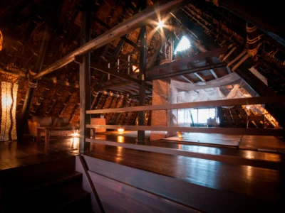 Interior attic structure of a thatched roof house in Miyama Kyoto