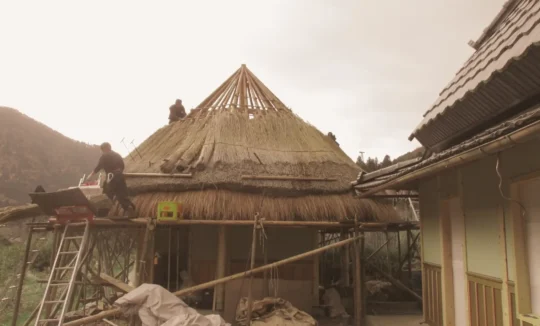 thatching work on bathhouse roof in Miyama Kyoto