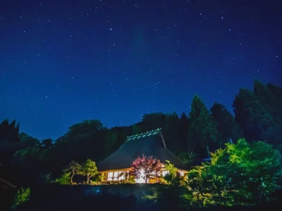 Starry night sky above Mitoya farmhouse in Miyama Kyoto