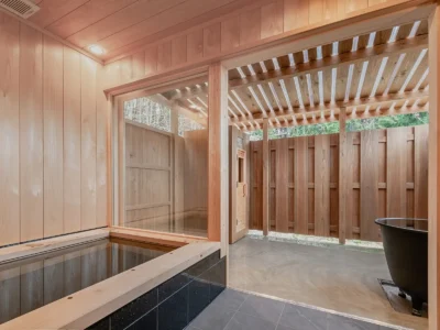 hinoki bath sauna and cold plunge at Hotaruan Miyama Kyoto