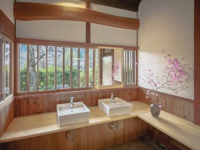 washbasin vanity area in Hotaruan thatched house Miyama Kyoto
