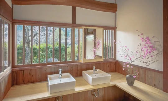 washbasin vanity area in Hotaruan thatched house Miyama Kyoto
