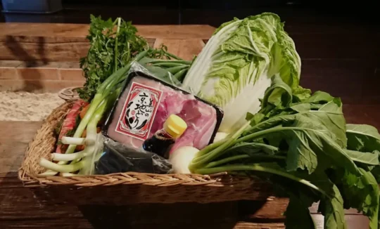 Ingredients set prepared for irori hot pot cooking in a traditional Japanese house in Miyama, Kyoto