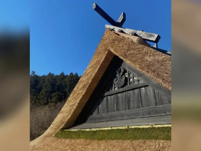 Traditional roof gable (hafu) of a Japanese thatched house in Miyama, Kyoto