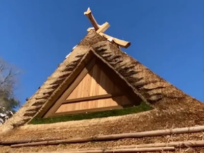 Hafu gable detail on a traditional Japanese thatched roof