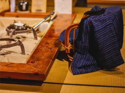 Irori hearth inside a traditional thatched roof house in Miyama Kyoto
