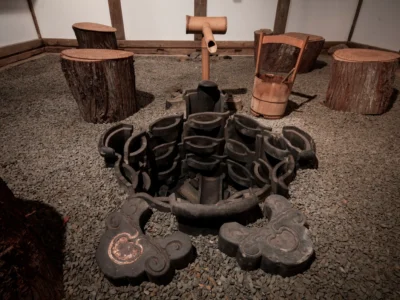 Suikinkutsu water sound feature in a traditional kura storehouse in Miyama Kyoto