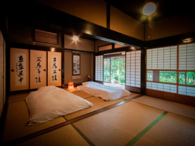 Traditional tatami room with futon in a thatched roof house in Miyama Kyoto