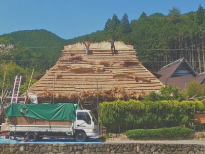 Traditional Japanese thatching work on a kayabuki roof