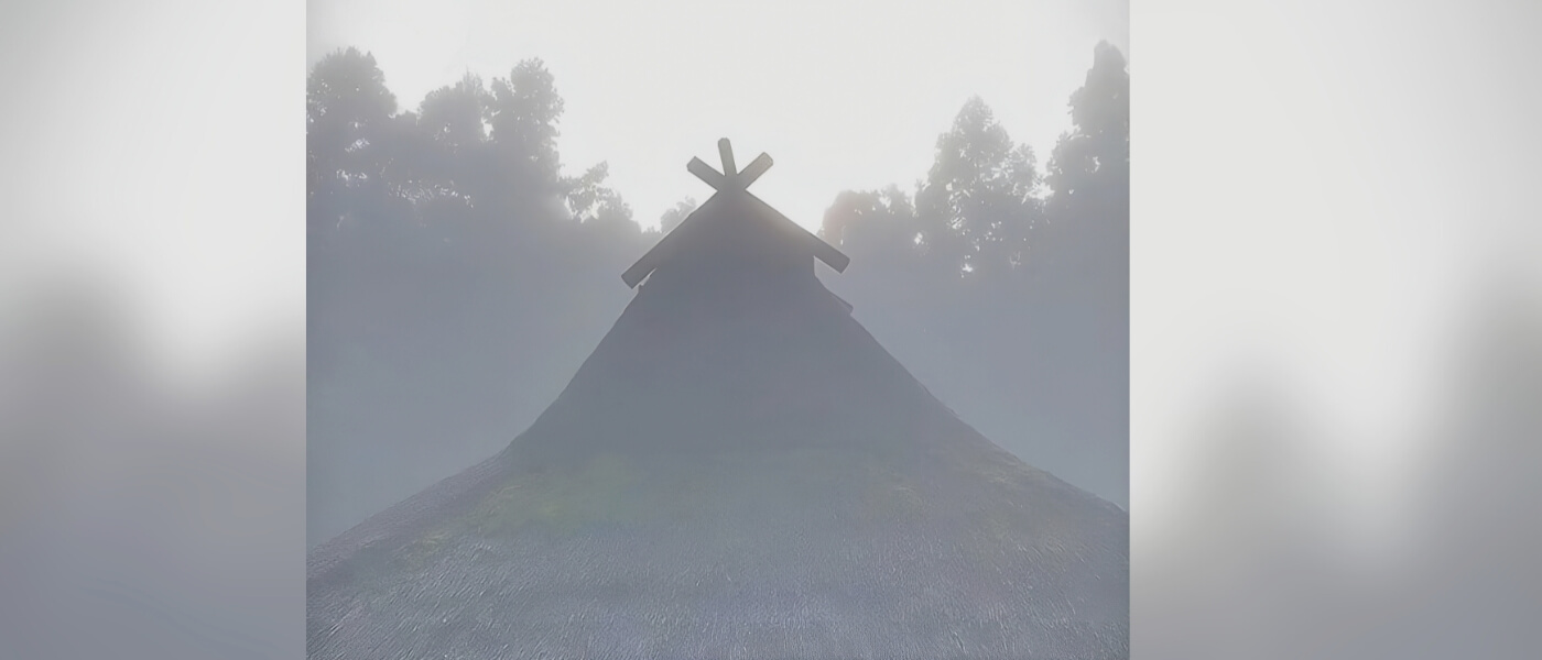 Thatched houses in the fog