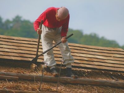 Japanese master thatcher cutting grass for traditional thatching