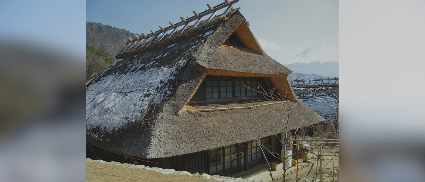 Traditional Japanese thatched-roof house in Yamanashi countryside