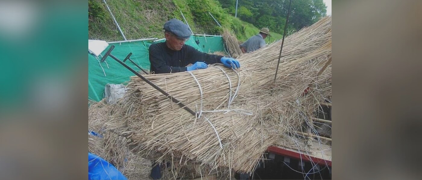 Master thatcher Masashi Okamoto, a renowned craftsman from Okayama Prefecture, Japan